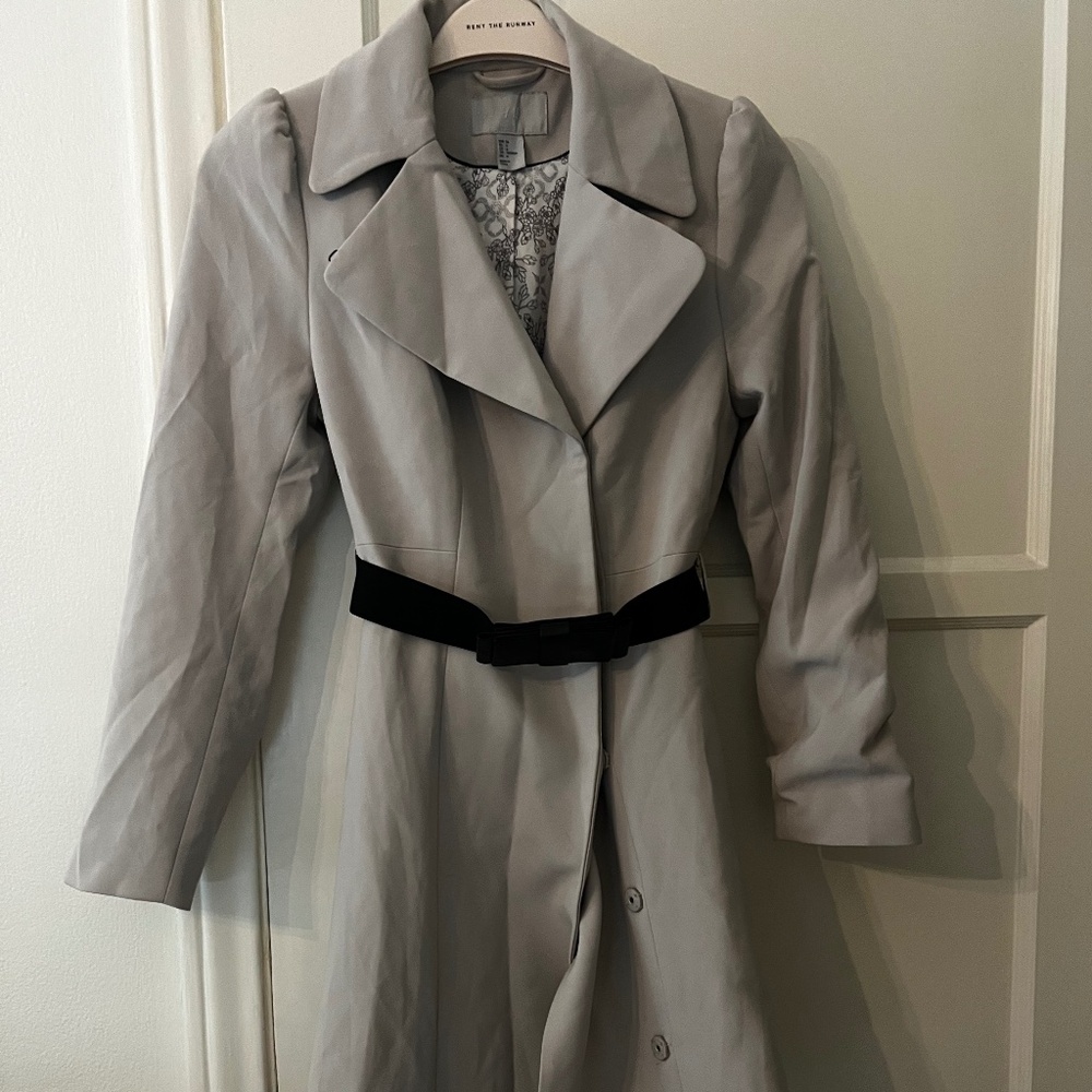 H&M dove gray modest coquette bow belt princess trench coat fall 4 small da - Picture 2 of 2